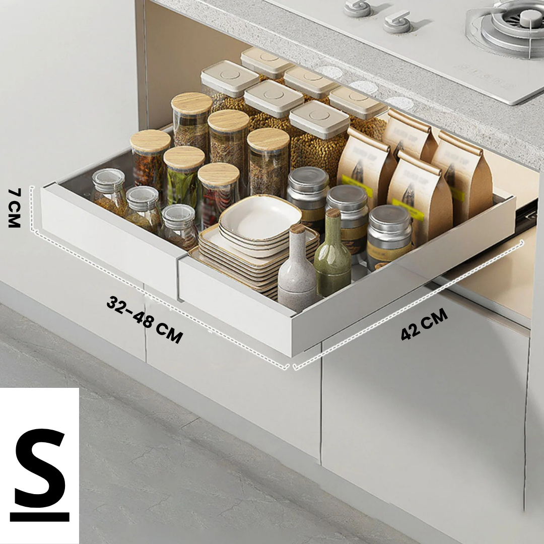Viskana Kitchen Cabinet Organizer Shelf | Extendable Carbon Steel Rack with Sliding Drawer