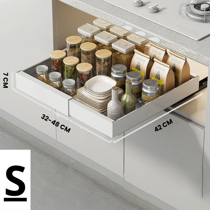 Viskana Kitchen Cabinet Organizer Shelf | Extendable Carbon Steel Rack with Sliding Drawer