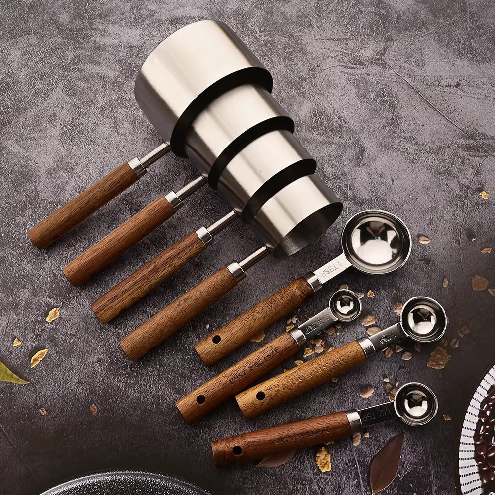 MeasureWood Measuring Spoons and Measuring Cups Set Stainless Steel Oak Wood 8-piece Viskana