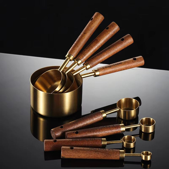 MeasureWood Measuring Spoons and Measuring Cups Set Stainless Steel Oak Wood 8-piece Viskana