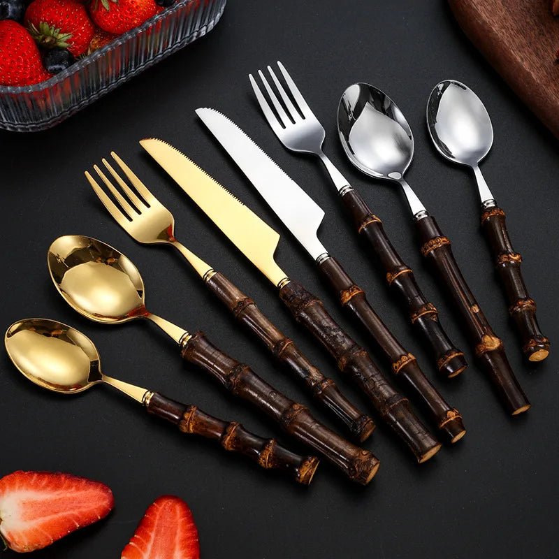 Viskana Black Bamboo Dinnerware Set - Upscale Stainless Steel Fork and Spoon Tableware