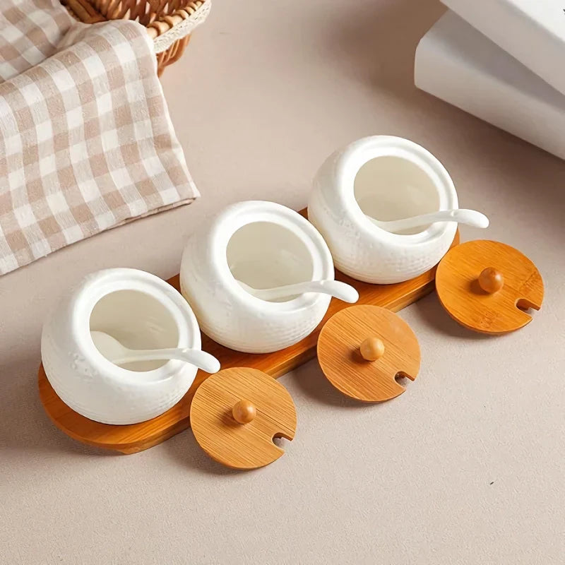 Viskana Elegant Ceramic Storage Jar Set with Bamboo Tray