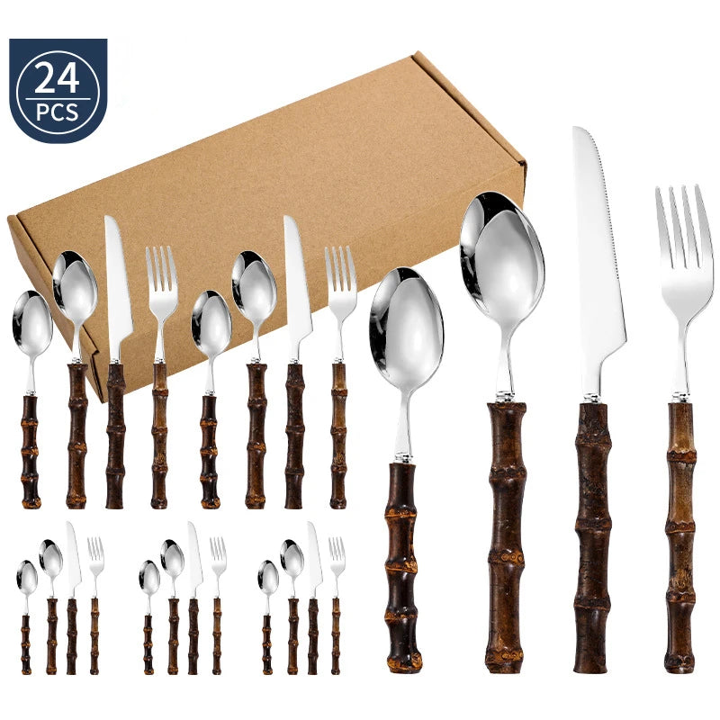 Viskana Black Bamboo Dinnerware Set - Upscale Stainless Steel Fork and Spoon Tableware