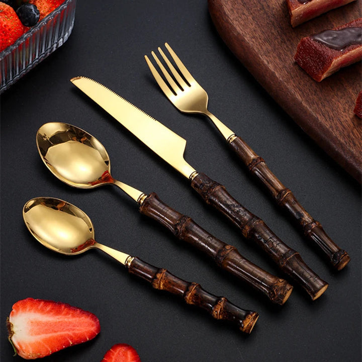 Viskana Black Bamboo Dinnerware Set - Upscale Stainless Steel Fork and Spoon Tableware