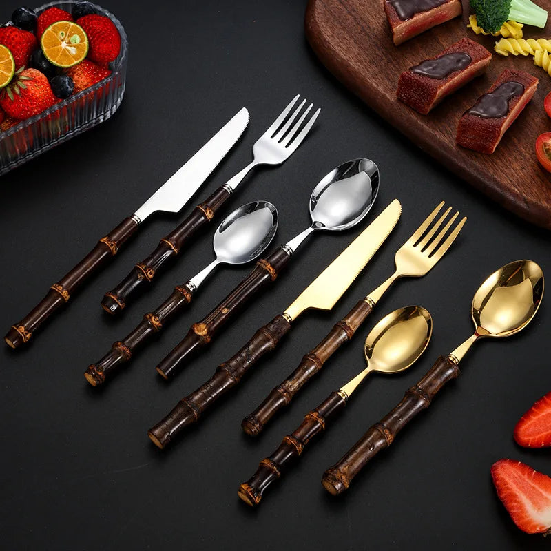 Viskana Black Bamboo Dinnerware Set - Upscale Stainless Steel Fork and Spoon Tableware