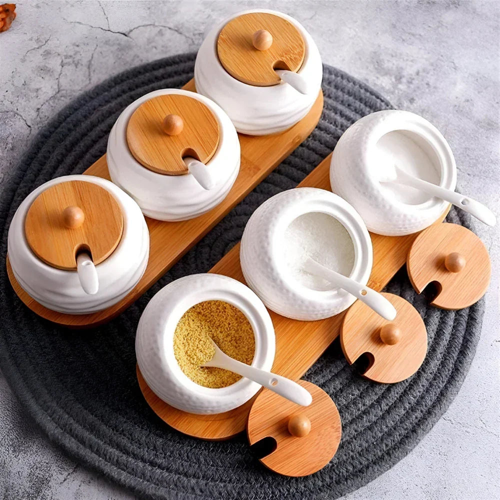 Viskana Elegant Ceramic Storage Jar Set with Bamboo Tray