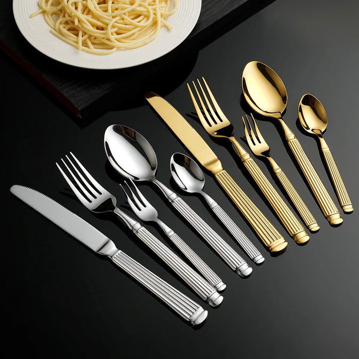 Viskana Gold Roman Column Style Cutlery Set - Stainless Steel Flatware Set