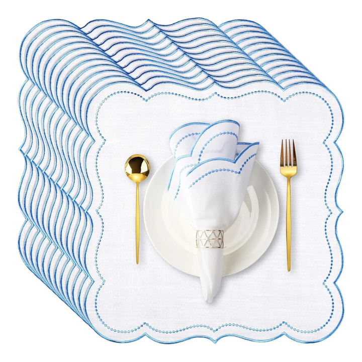 6pcs Cotton Linen Embroidered Cloth Napkin Scalloped Edge Table Napkins Viskana