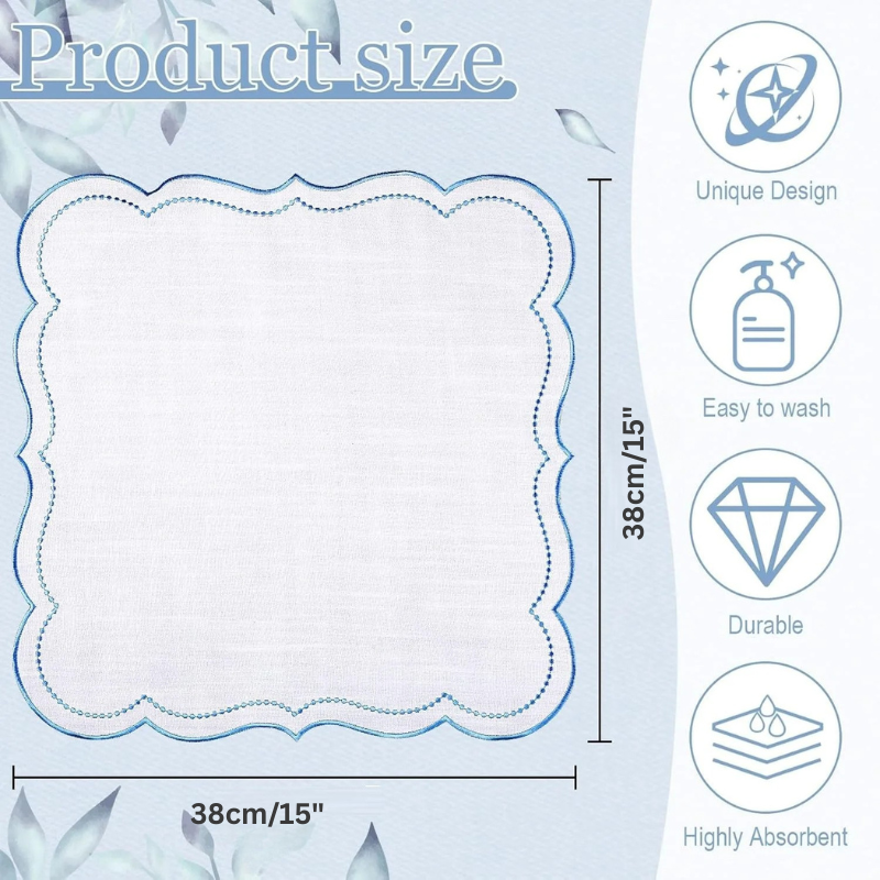 6pcs Cotton Linen Embroidered Cloth Napkin Scalloped Edge Table Napkins Viskana