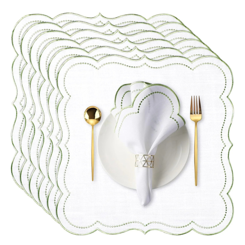 6pcs Cotton Linen Embroidered Cloth Napkin Scalloped Edge Table Napkins Viskana