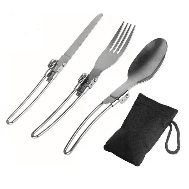 Foldable Stainless Steel Camping Cutlery Set with Locking Hinge and Carry Pouch Viskana