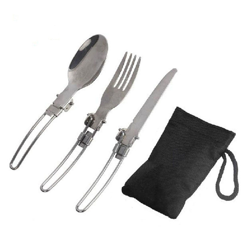 Foldable Stainless Steel Camping Cutlery Set with Locking Hinge and Carry Pouch Viskana