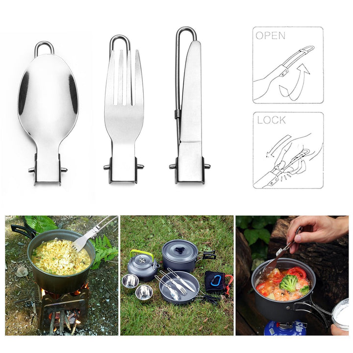 Foldable Stainless Steel Camping Cutlery Set with Locking Hinge and Carry Pouch Viskana