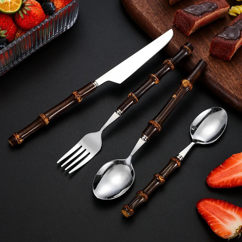 Viskana Black Bamboo Dinnerware Set - Upscale Stainless Steel Fork and Spoon Tableware