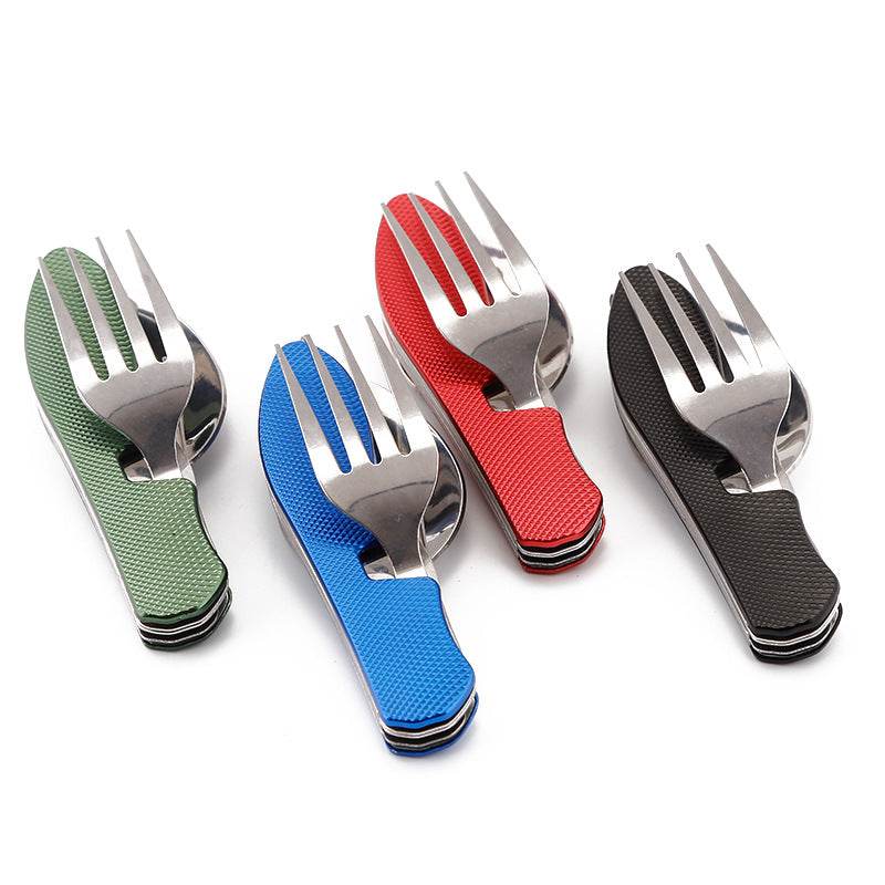 folding stainless steel camping cutlery set with textured grip locking hinge and compact travel clip Viskana