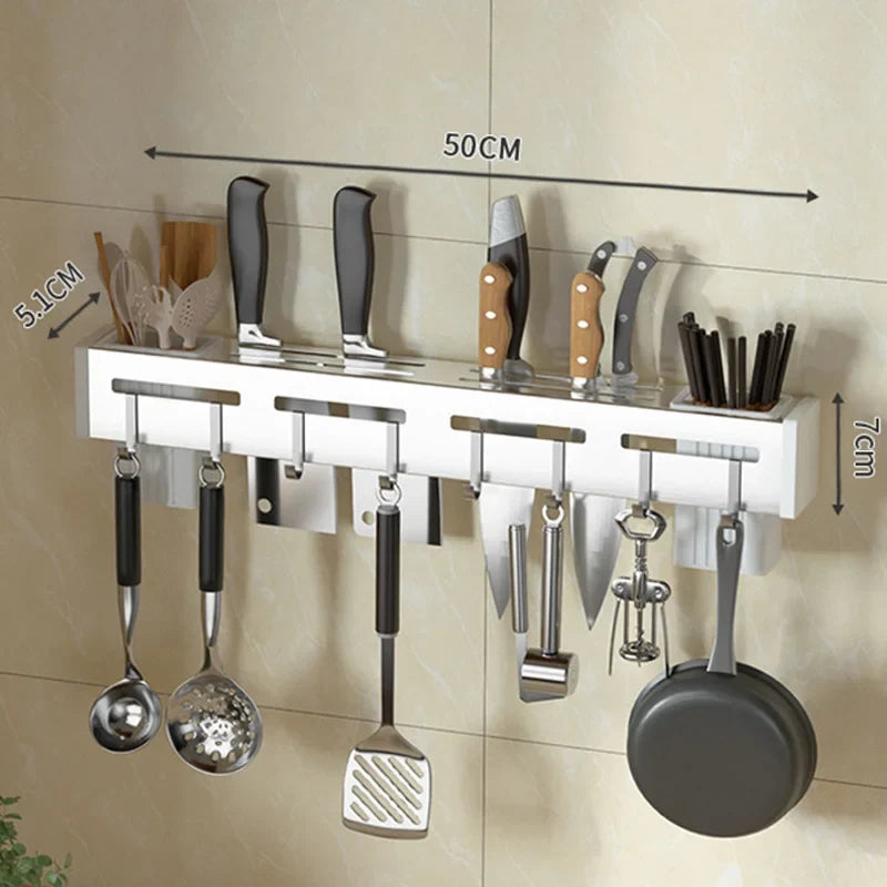Viskana Organize Your Kitchen: Stainless Steel Wall-Mounted Knife Holder Shelf - Nail-Free Storage Shelf with Hooks for Cutlery - Cabinet Organizer for a Tidy Kitchen