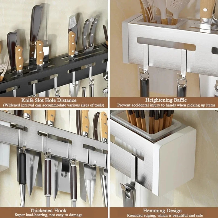 Viskana Organize Your Kitchen: Stainless Steel Wall-Mounted Knife Holder Shelf - Nail-Free Storage Shelf with Hooks for Cutlery - Cabinet Organizer for a Tidy Kitchen