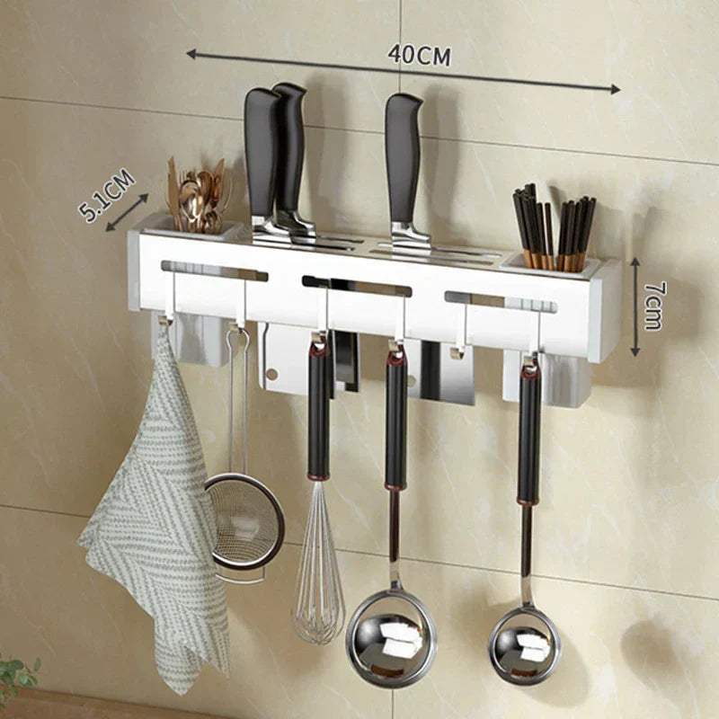 Viskana Kitchen form wall knife holder made of stainless steel | Nail-free & space-saving | With hooks for kitchen utensils | Rust-free & modern