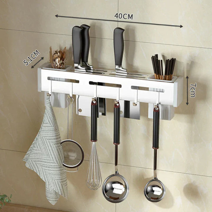 Viskana Kitchen form wall knife holder made of stainless steel | Nail-free & space-saving | With hooks for kitchen utensils | Rust-free & modern