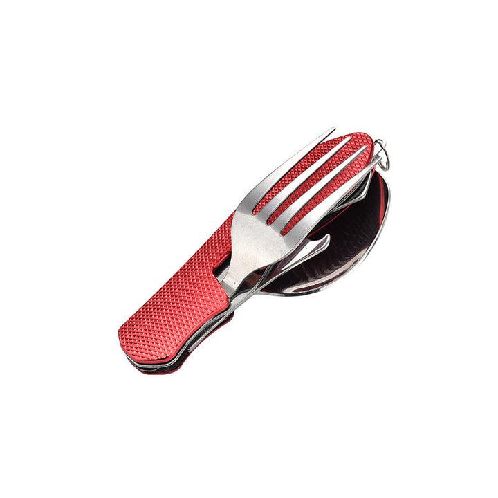 folding stainless steel camping cutlery set with textured grip locking hinge and compact travel clip Viskana
