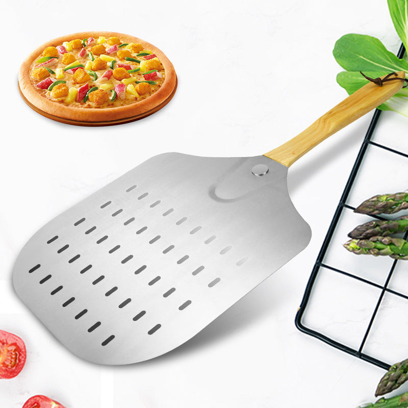 perforated stainless steel pizza peel with ergonomic wooden handle Kalsten