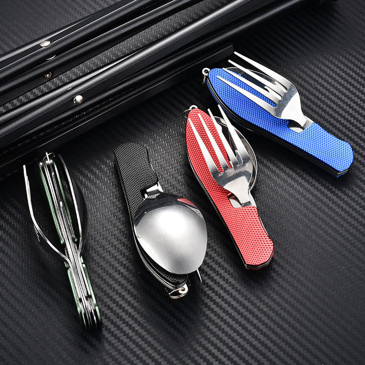 folding stainless steel camping cutlery set with textured grip locking hinge and compact travel clip Viskana