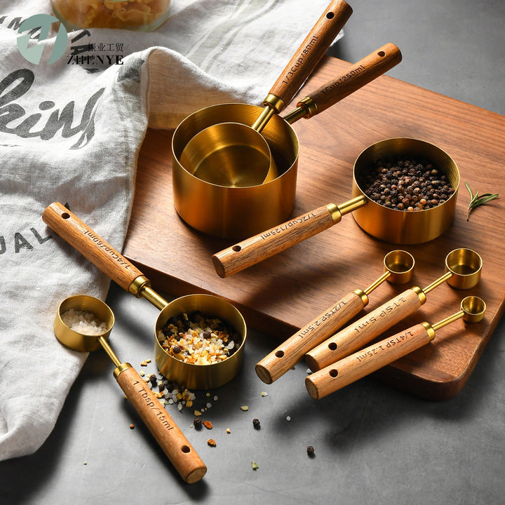MeasureWood Measuring Spoons and Measuring Cups Set Stainless Steel Oak Wood 8-piece Viskana