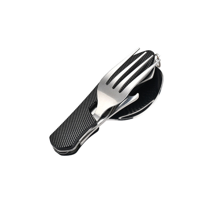 folding stainless steel camping cutlery set with textured grip locking hinge and compact travel clip Viskana