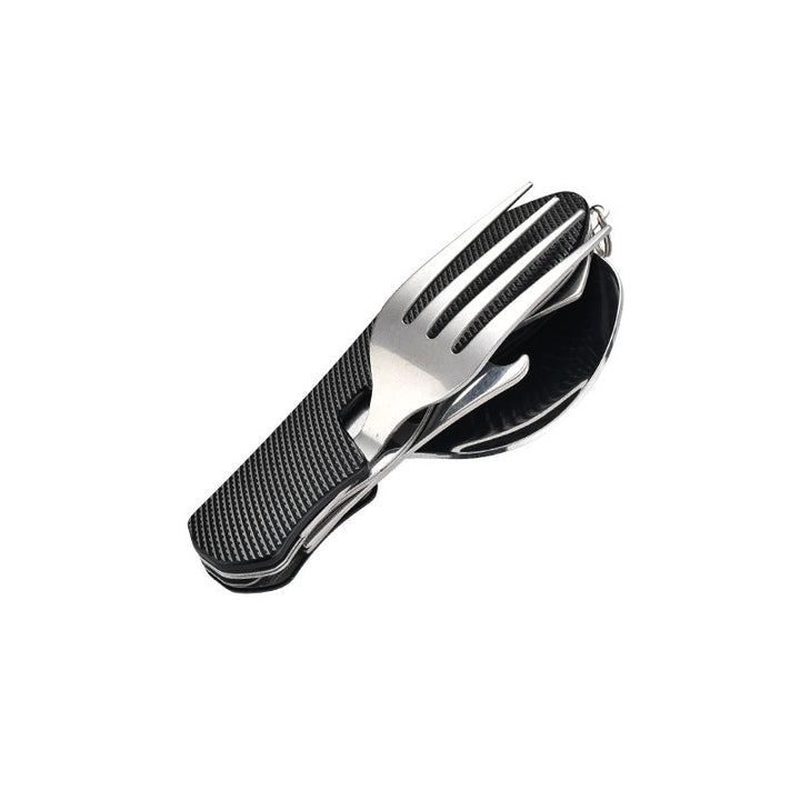 folding stainless steel camping cutlery set with textured grip locking hinge and compact travel clip Viskana