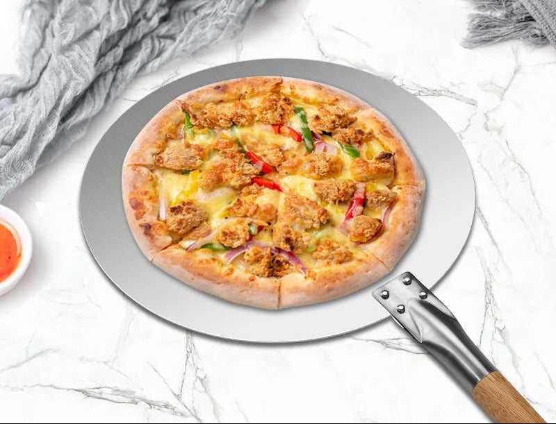 round stainless steel pizza peel set with long hardwood handles Kalsten
