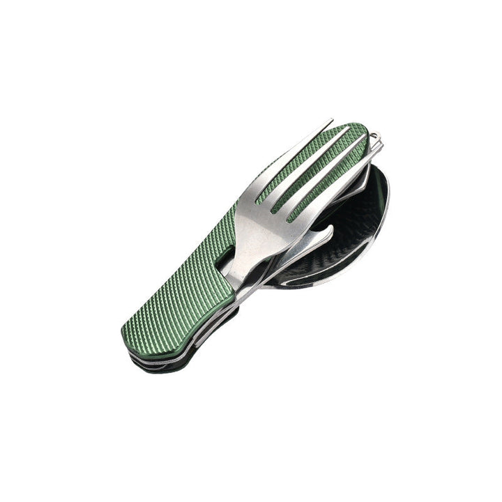 folding stainless steel camping cutlery set with textured grip locking hinge and compact travel clip Viskana