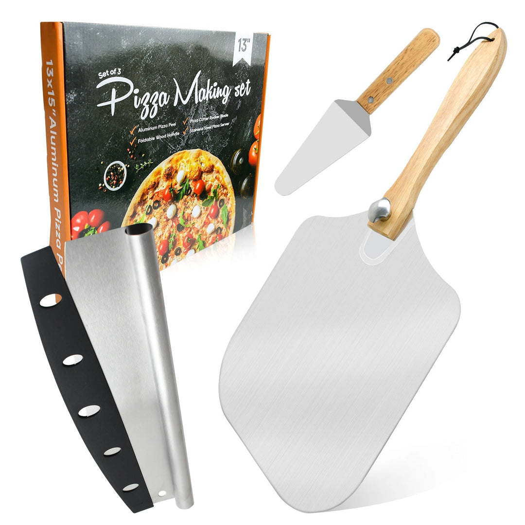 professional pizza peel set with foldable beech wood handle, aluminum paddle and stainless steel rocker cutter Kalsten