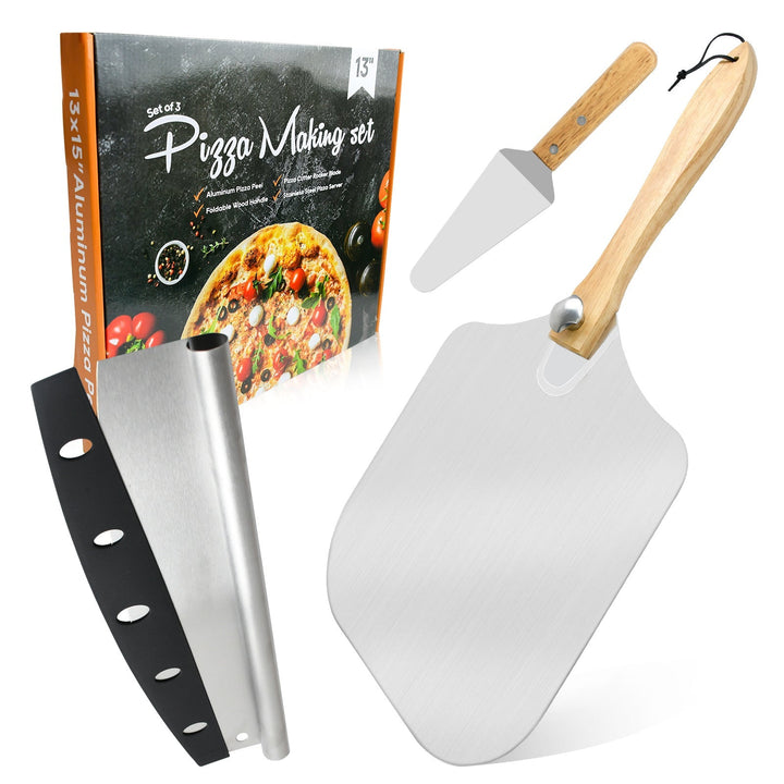 professional pizza peel set with foldable beech wood handle, aluminum paddle and stainless steel rocker cutter Kalsten