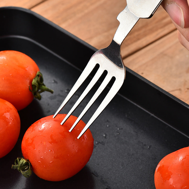 folding stainless steel camping cutlery set with textured grip locking hinge and compact travel clip Viskana