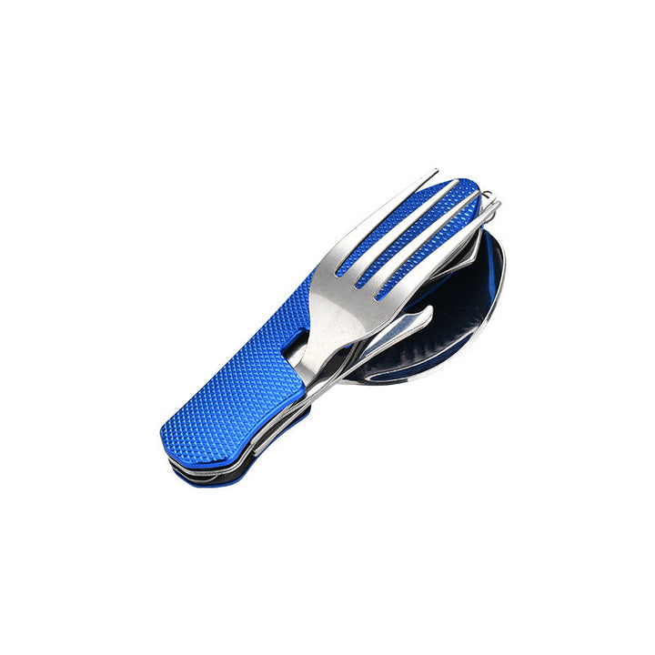 folding stainless steel camping cutlery set with textured grip locking hinge and compact travel clip Viskana