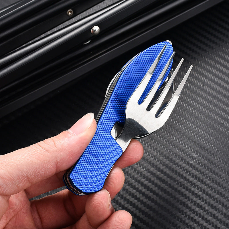 folding stainless steel camping cutlery set with textured grip locking hinge and compact travel clip Viskana