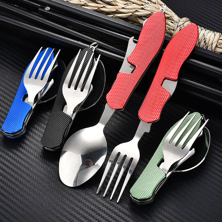 folding stainless steel camping cutlery set with textured grip locking hinge and compact travel clip Viskana