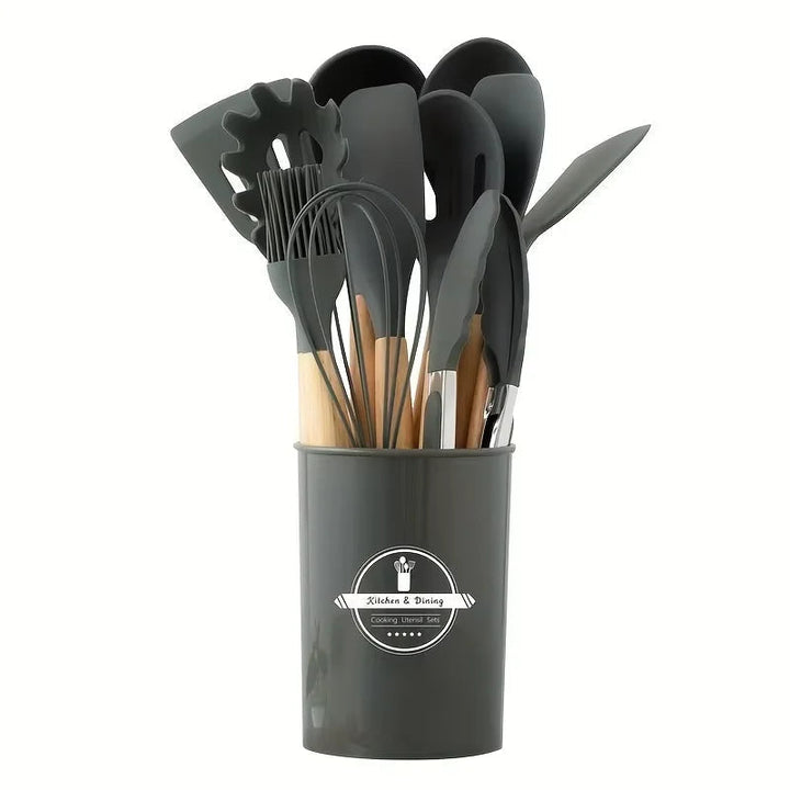 12-piece silicone cooking utensils set with wooden handles Viskana