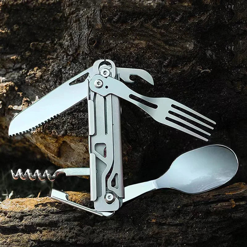 Viskana GearSpork Outdoor cutlery 6-in-1 | Foldable multifunctional cutlery made of stainless steel | Knife, fork, spoon, can opener & bottle opener | For camping & trekking