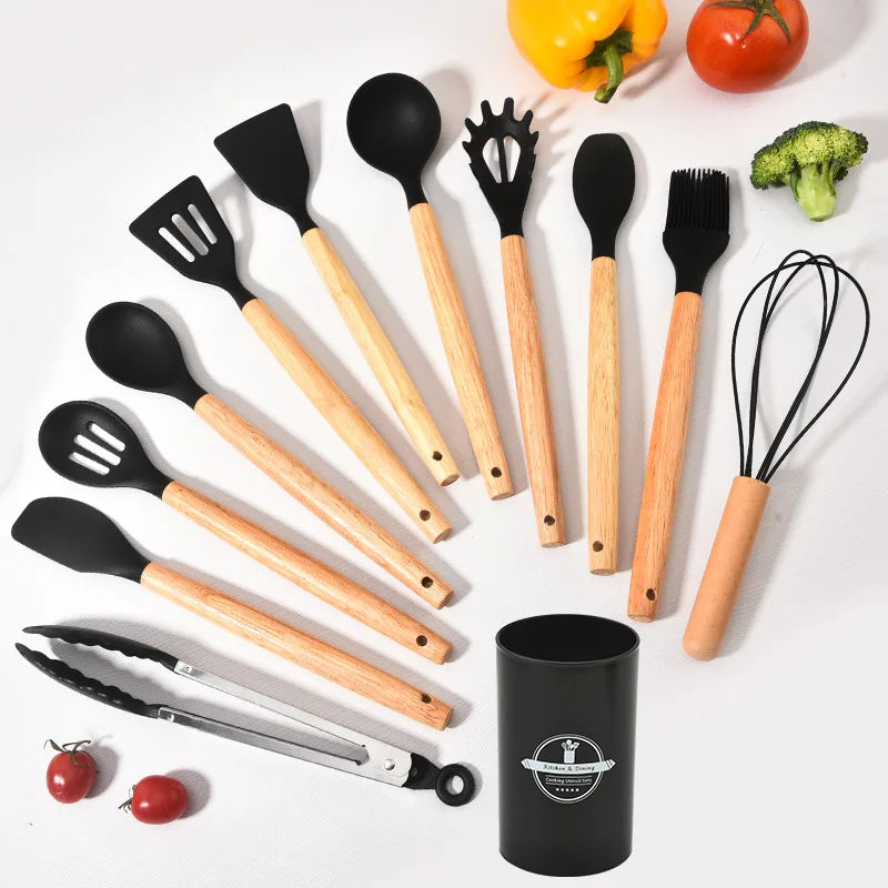 Viskana Culinora Silicone Kitchen Utensils Set | Heat Resistant up to 230 °C | 12-piece with Wooden Handles | Whisk, Spatula, Tongs & more
