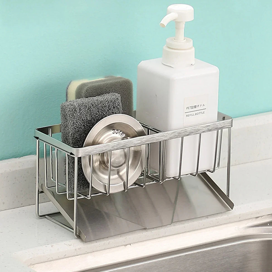 Viskana SteelNest | Sink organizer made of stainless steel | Sponge & soap holder with drip tray | 21×8.2×10 cm