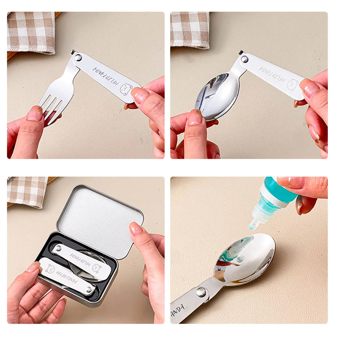 Viskana Trekking Camping Cutlery 3-piece | Foldable Spoon & Fork with Storage Box | Stainless Steel | Compact & Reusable