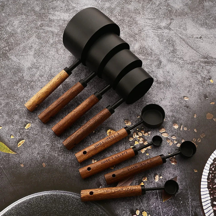 MeasureWood Measuring Spoons and Measuring Cups Set Stainless Steel Oak Wood 8-piece Viskana