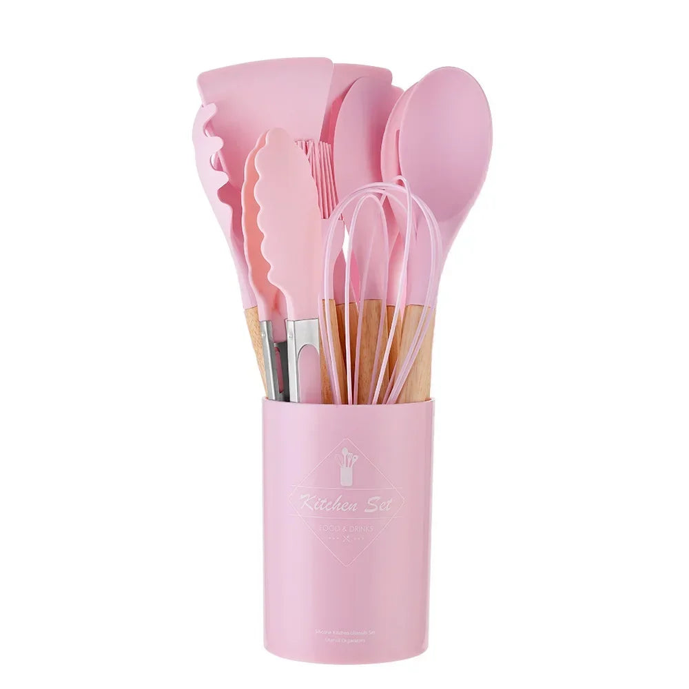 12-piece silicone cooking utensils set with wooden handles Viskana