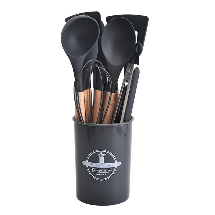 Viskana Culinora Silicone Kitchen Utensils Set | Heat Resistant up to 230 °C | 12-piece with Wooden Handles | Whisk, Spatula, Tongs & more