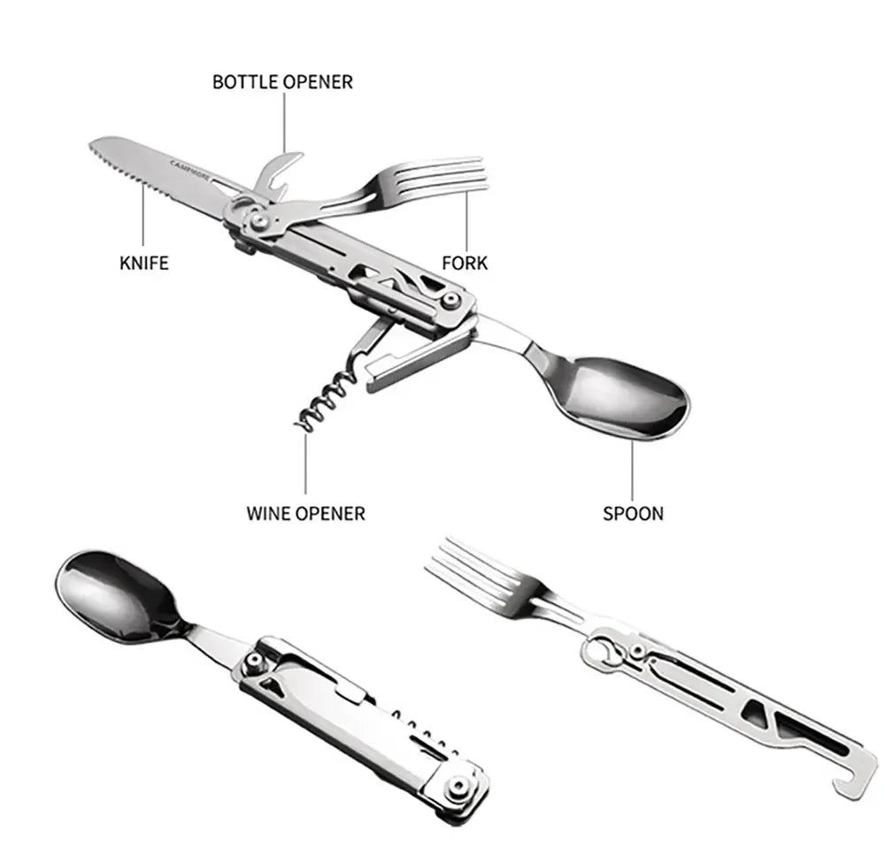 Viskana GearSpork Outdoor cutlery 6-in-1 | Foldable multifunctional cutlery made of stainless steel | Knife, fork, spoon, can opener & bottle opener | For camping & trekking