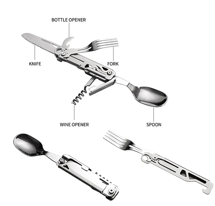 Viskana GearSpork Outdoor cutlery 6-in-1 | Foldable multifunctional cutlery made of stainless steel | Knife, fork, spoon, can opener & bottle opener | For camping & trekking