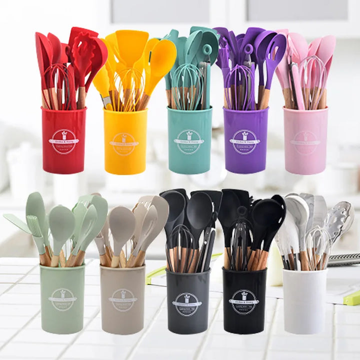 Viskana Culinora Silicone Kitchen Utensils Set | Heat Resistant up to 230 °C | 12-piece with Wooden Handles | Whisk, Spatula, Tongs & more
