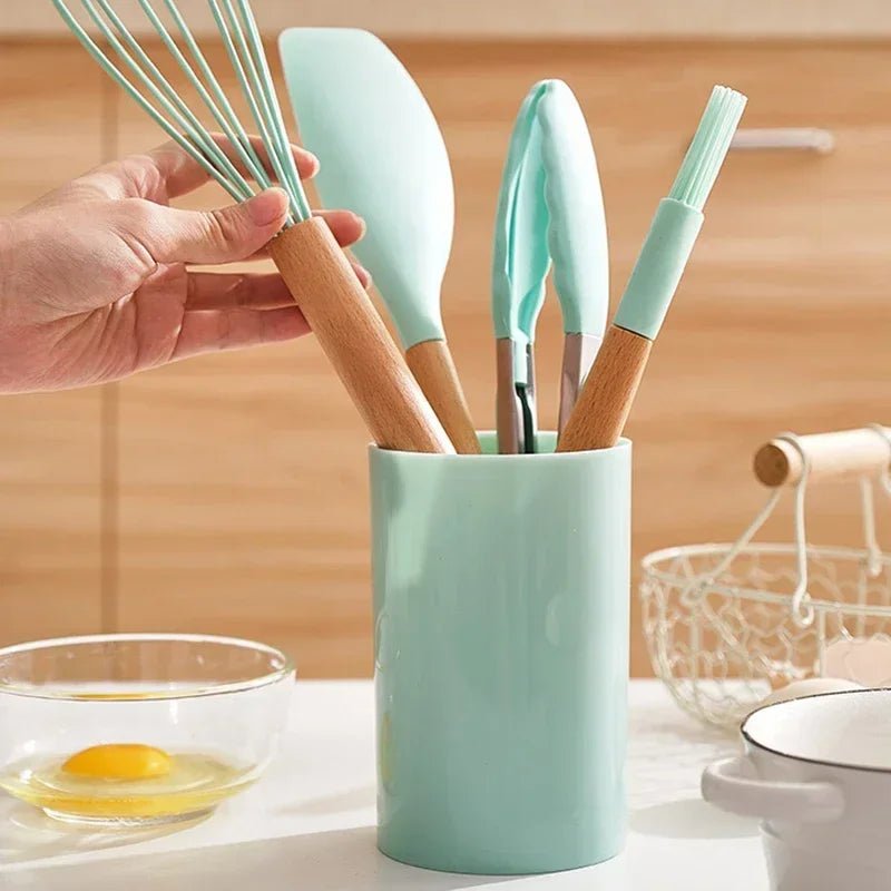 12-piece silicone cooking utensils set with wooden handles Viskana