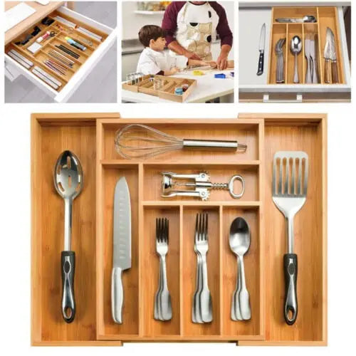 Viskana Bambusio cutlery tray made of bamboo | Expandable 32–52 cm | 6–8 compartments | Sustainable drawer insert for kitchen, bathroom & office